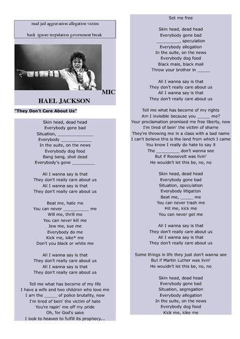 Song Worksheet They Don T Care About Us By Michael Jackson Michael