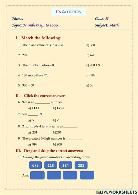 3 Digit Numbers Online Activity Live Worksheets