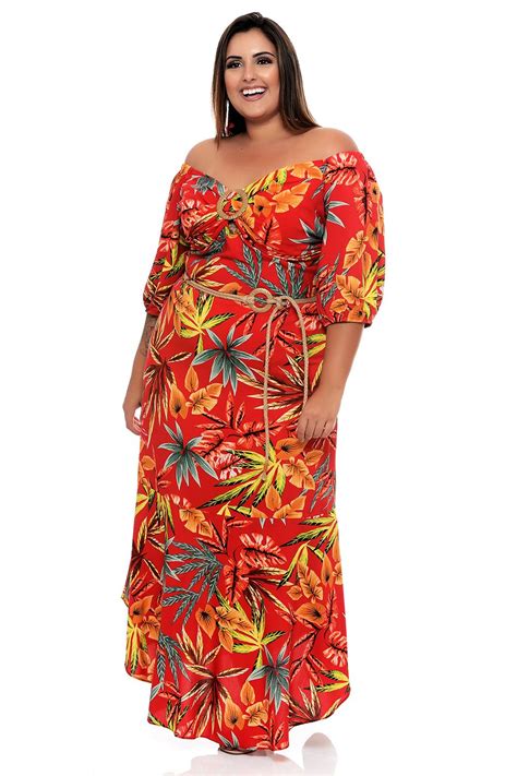 Vestido Plus Size Floral Longo Barra Vk Moda Plus Size