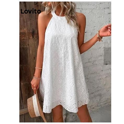 Lovito Casual Vestido Feminino Liso Ilhós Bordados LNL39018