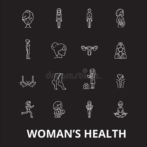 Woman Health Editable Line Icons Vector Set On Black Background Woman