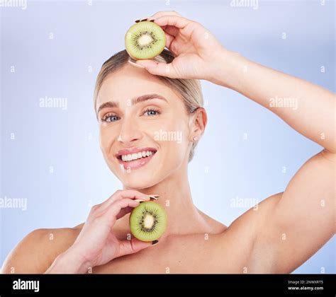 Portrait Kiwi And Woman With Skincare Cosmetics And Smile With Girl