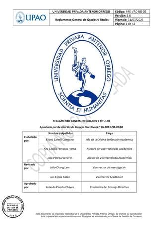 Reglamento General De Grados Y Titulos UPAO 2023 Pdf