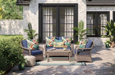 Shop Allen Roth Pointer Ridge 4 Piece Patio Conversation Set With Navy Cushions At