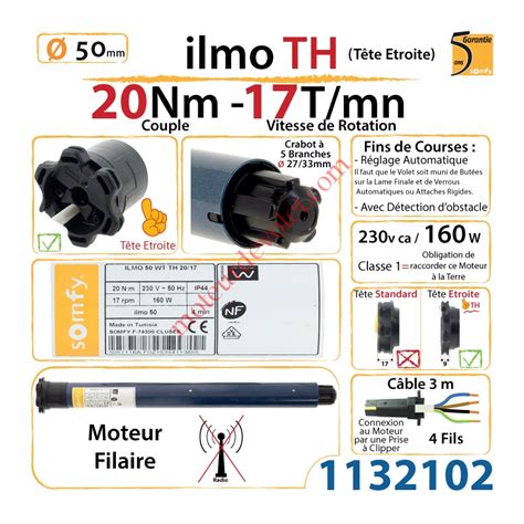 Somfy 1132102 Moteur Filaire Electronique ilmo 50 WT 20 17 TH Tête