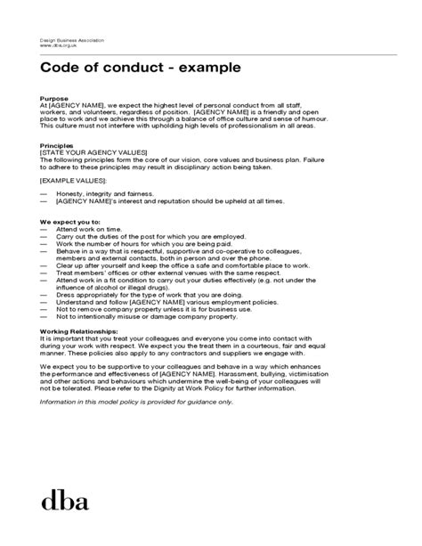 Sample Code Of Conduct Example Free Download