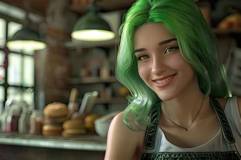 A Woman With Green Hair Is Smiling And Wearing An Apron Premium Ai