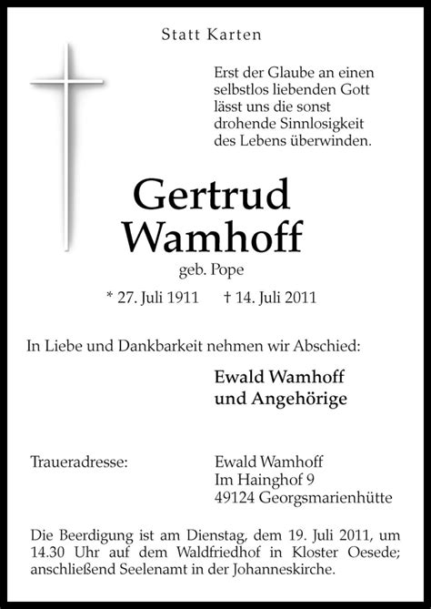 Traueranzeigen Von Gertrud Wamhoff Noz Trauerportal