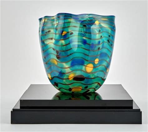 Dale Chihuly Blown Glass Ocean Macchia Basket With Cobalt Blue Lip Wrap