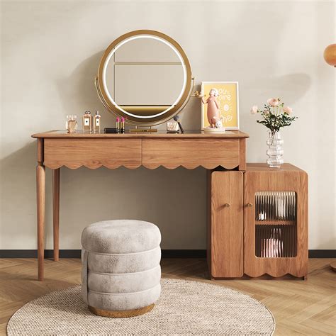 Mid Century Modern Wood Makeup Vanity Table Set