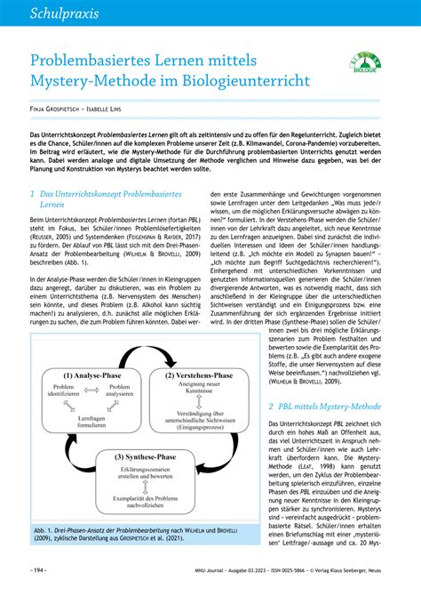 Pdf Problembasiertes Lernen Mittels Mystery Methode Im Biologieunterricht