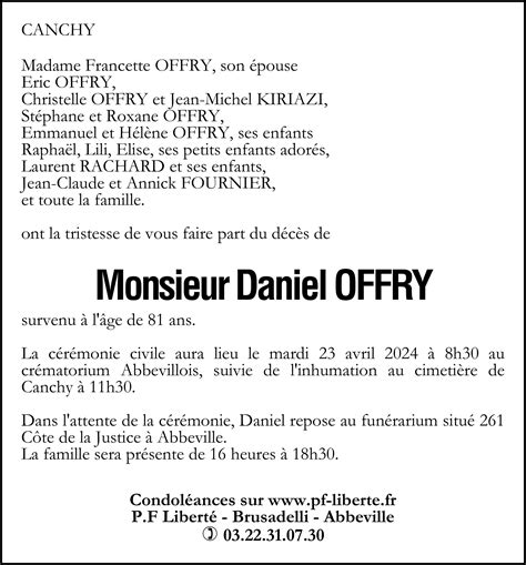 Avis De Décès De Daniel Offry Pompes Funèbres Liberté Brusadelli