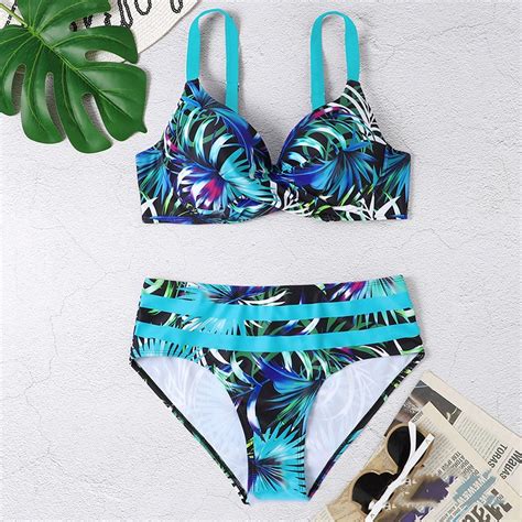 Tropical High Waisted Push Up Bikini Sets With Underwire Sunnybikinis