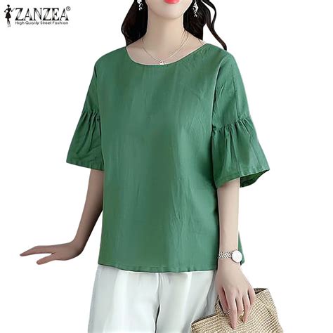 ZANZEA Women Korean Leisure Solid Color Round Neck Half Sleeve Blouse