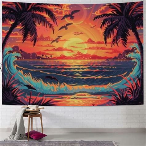 Bciig Wave Tapestry Trippy Sun Tapestry Neon Palm Tree Wall Tapestry