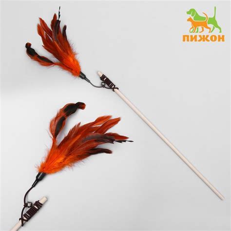 Дразнилка-удочка с перышками и бубенчиком, деревянная палочка 40 см ...