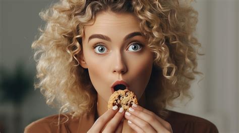 Premium Photo Sweet Bliss Blonde Curly Haired Woman Delighting In Chocolate Chip Cookie