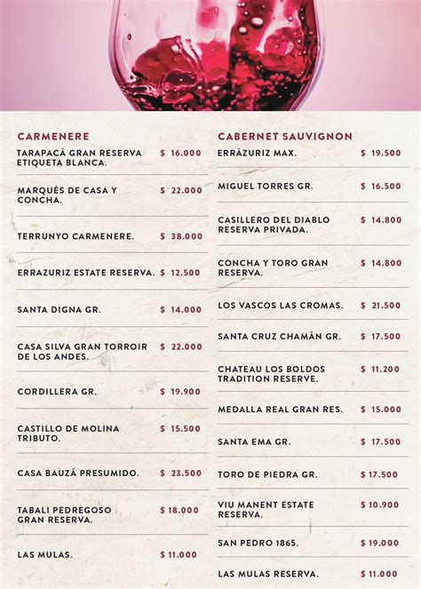 Carta De Vinos Origen Argentino Restuarante