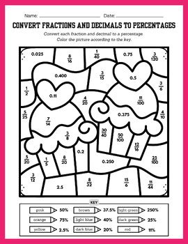 Valentine S Day Color By Code Math Fraction Decimal Percent Conversions