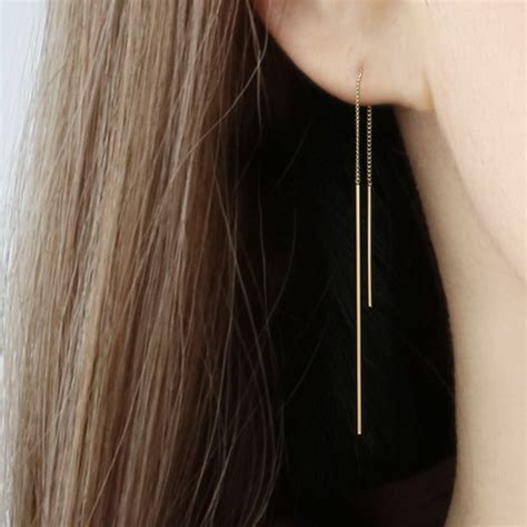 14k Solid Gold Rectangle Long Threader Earring Drop Earring Etsy