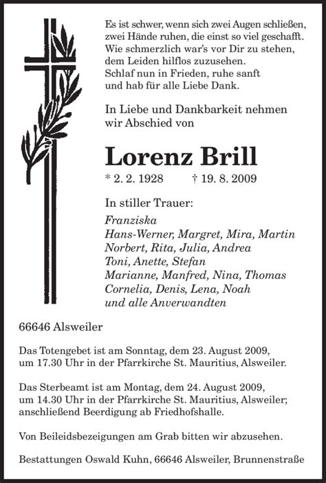 Traueranzeigen Von Lorenz Brill Saarbruecker Zeitung Trauer De