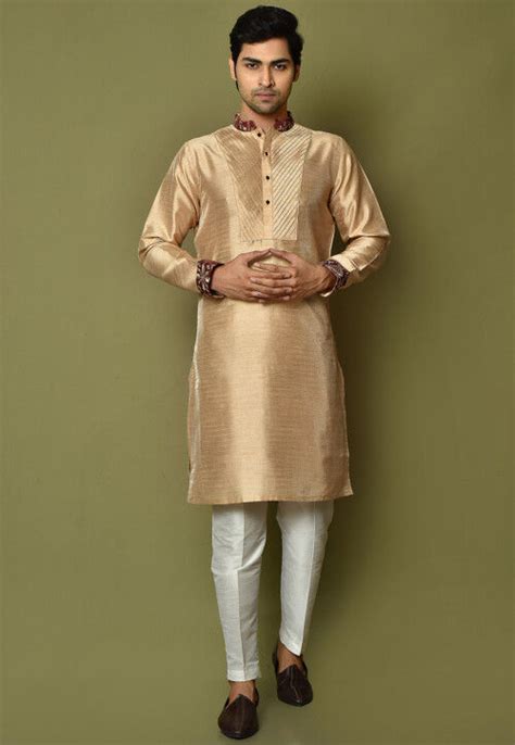 Embroidered Dupion Silk Kurta Set In Dark Beige Mtx2456