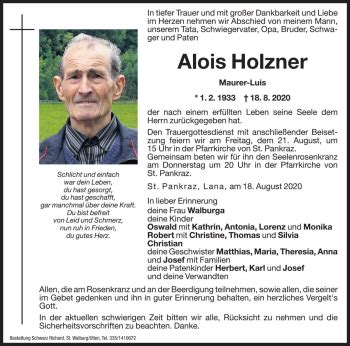 Traueranzeigen Von Alois Holzner Trauer Bz