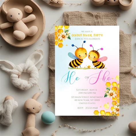 Bee Gender Reveal Invitation Printable He Or She Bees Party Invite