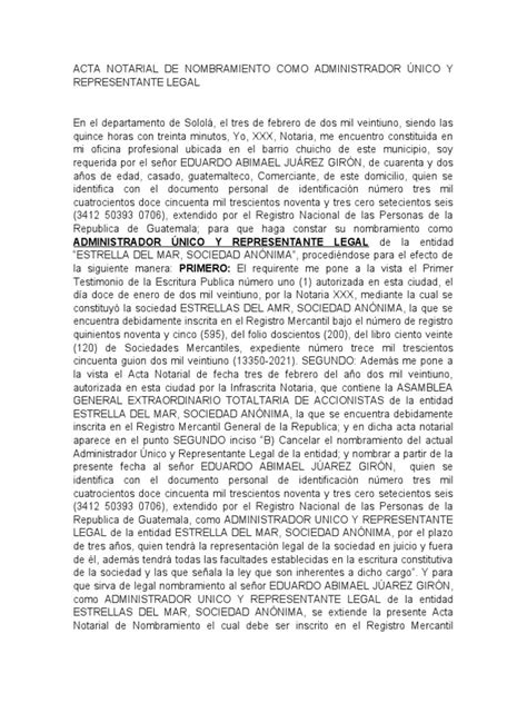 Acta Notarial De Nombramiento Como Administrador Único Y Representante