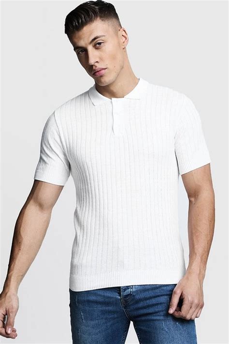 Muscle Fit Ribbed Knitted Polo Boohooman