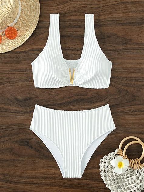 Shein Swim Basics Plain Ribbed High Waisted Bikini Swimsuit Shein Uk