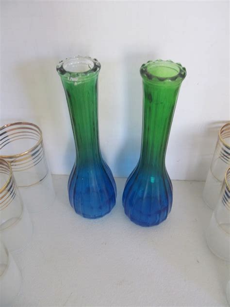 Pr Amberina Glass Vase Blue Green Ombre Jeanette Glass Bud Etsy