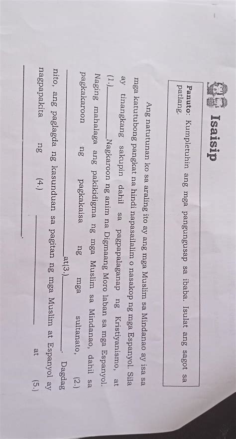 Panuto Kumpletuhin Ang Mga Pangungusap Sa Ibaba Isulat Ang Sagot