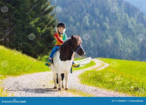 Kids Riding Pony. Child on Horse in Alps Mountains Stock Image - Image ...