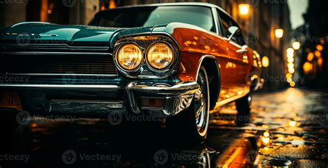 Vintage American classic car, headlights glowing at night - AI generated image 32647040 Stock ...