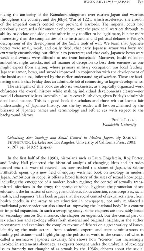 Colonizing Sex Sexology And Social Control In Modern Japan By Sabine Fr Hst Ck Berkeley And