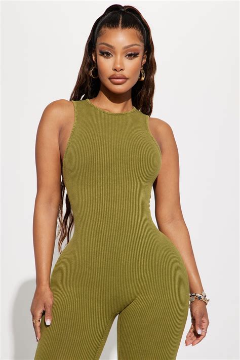 Serena Mineral Wash Rib Jumpsuit Olive Fashion Nova