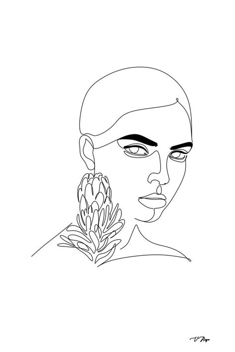 Minimal Line Art Woman With Protea Female Line Art Drawing By Victoria