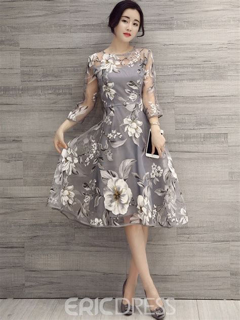 Ericdress Flower Print Three Quarter Sleeve Expansion Casual Dress