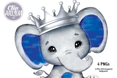 Dark Blue Royal Baby Elephant With Silver Crown Watercolor Clip Art By