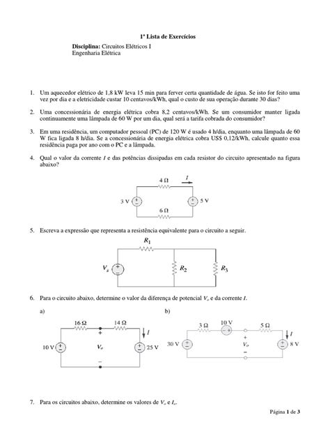 Lista Exercícios 01 Circuitos Elétricos Rede Elétrica Resistor