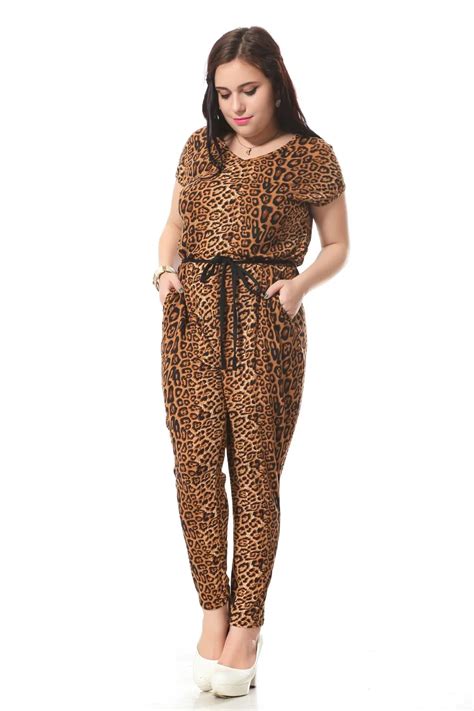 Plus Size Leopard Print Jumpsuits For Women With Sashes Sexy V Neck