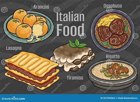 Italian Food A Set Of Classic Dishes Stock Vector Illustration Of