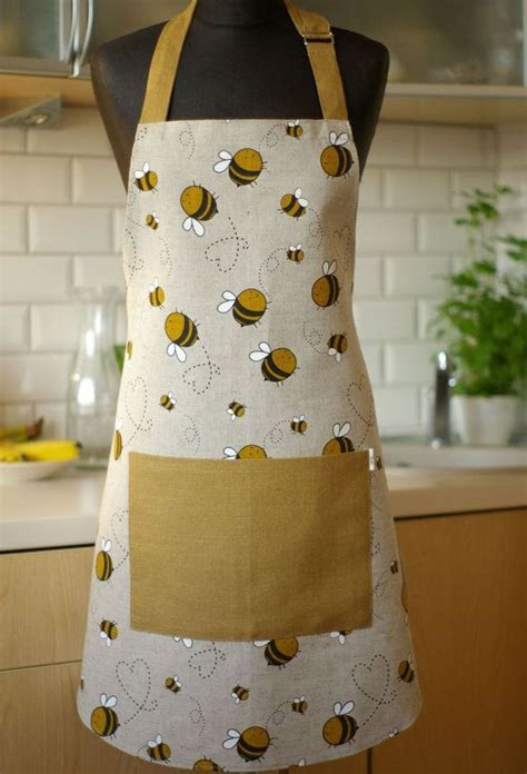 Linen Apron With Bees Print Kitchen Pinafore With Pocket Etsy Apron