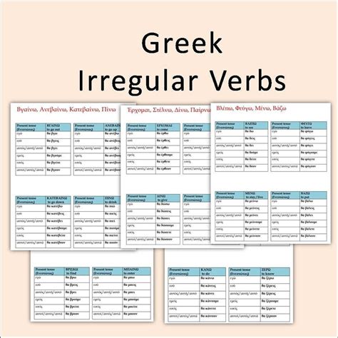 Greek Irregular Verbs Conjugation Tables Future Tense Greek Printable