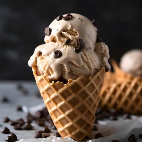 Helado De Vainilla Y Chocolate En Cono De Gofres Con Granos De Caf En