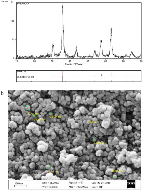 A Representative Xrd Pattern Of The Nano Fe 3 O 4 And B Sem Image Download Scientific