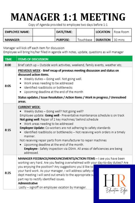 11 Manager Meeting Agenda Employee Agenda One On One Hr