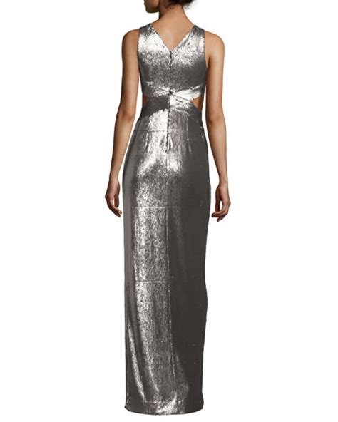 Halston Heritage Sleeveless Cutout Metallic Column Gown Antique Silver