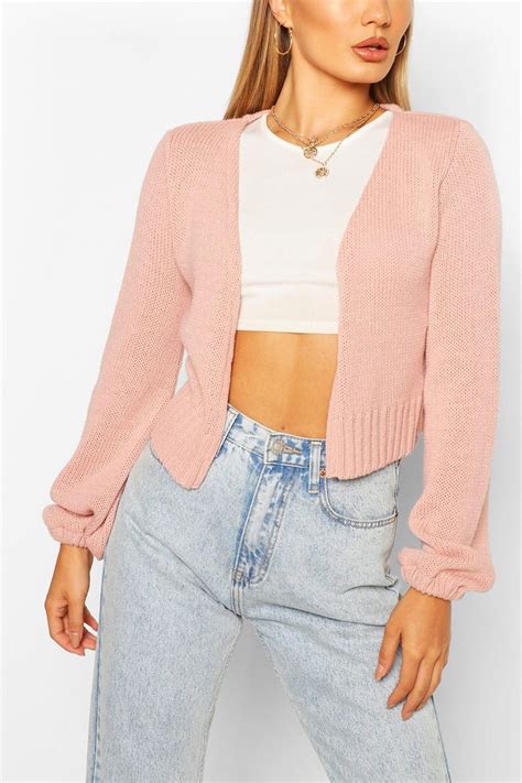 Womens Puff Sleeve Cropped Cardigan Pink Xl In 2021 Cropped